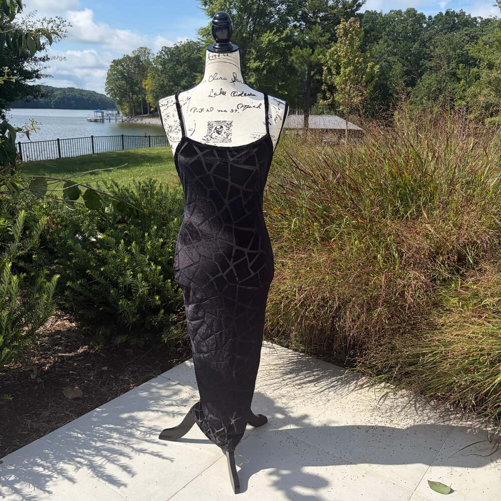 Vintage MAGIA Black Burnout Velvet Geometric Bodycon Midi Dress Criss Cross Back